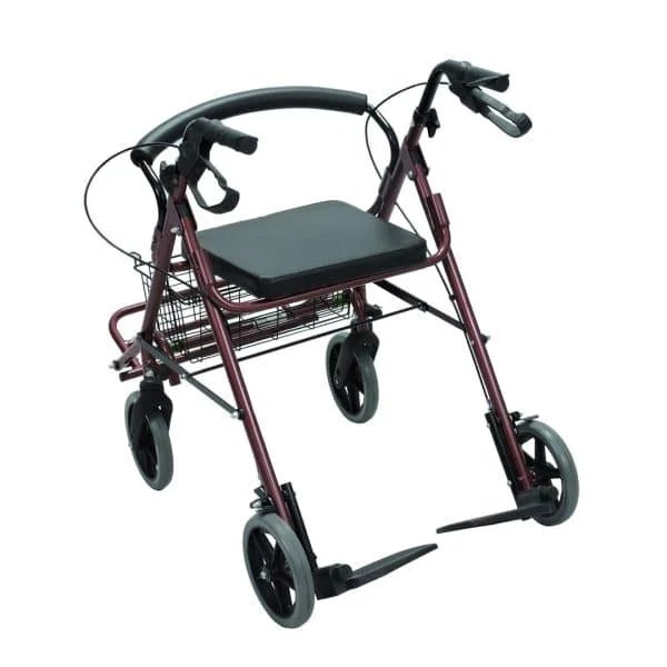 Caminador de 4 ruedas con asiento y frenos, doble apoya pies